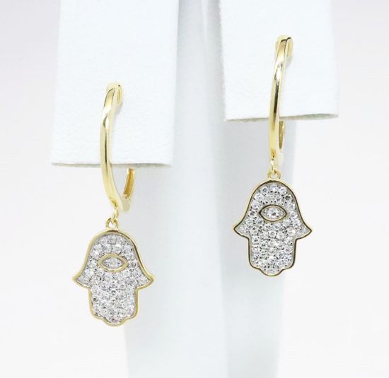 Picture of 14k Yellow Gold Hoop Earrings with Pavé Set Diamond Hamsa Charms