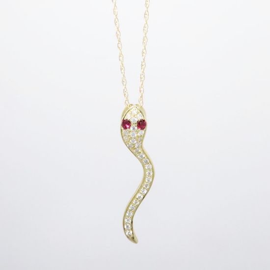 Picture of 14k Yellow Gold & Pavé Set Diamond Snake Pendant Necklace with Ruby Eyes