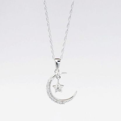 Picture of 14k White Gold Necklace with Pavé Set Diamond Moon and Star Pendant