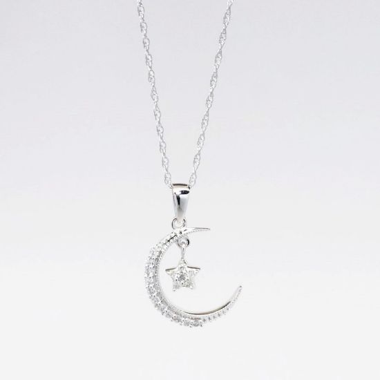 Picture of 14k White Gold Necklace with Pavé Set Diamond Moon and Star Pendant