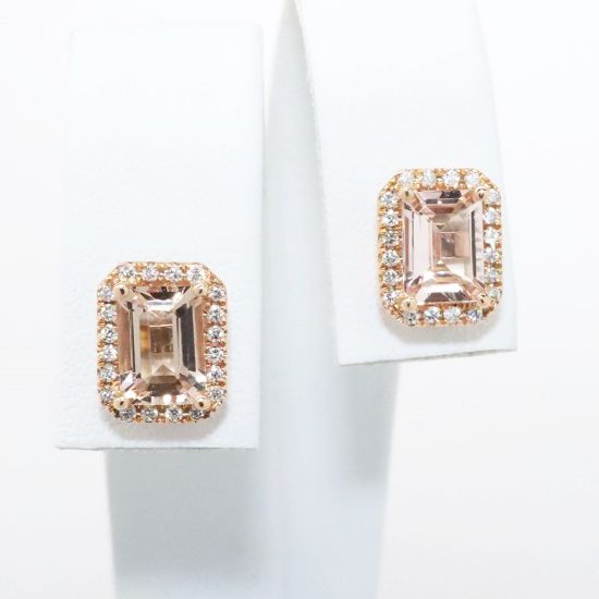 Picture of 14k Rose Gold & Emerald Cut Morganite Earrings with Diamond Halos