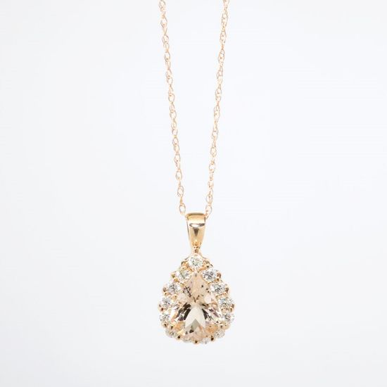 Picture of 14k Rose Gold Necklace with Pear Cut Morganite & Diamond Halo Pendant