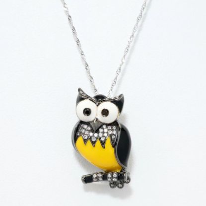 Picture of White Gold Necklace with Enameled Owl Pendant with Diamond Accents