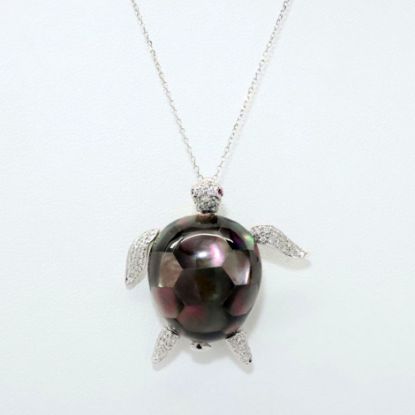 Picture of White Gold Necklace with White Gold & Diamond Sea Turtle Pendant with Black Mother of Pearl Shell