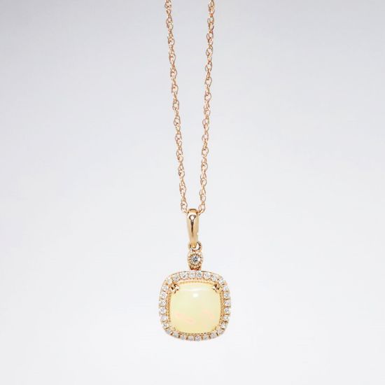 Picture of 14k Rose Gold Necklace and Opal Cabochon Pendant with Diamond Halo