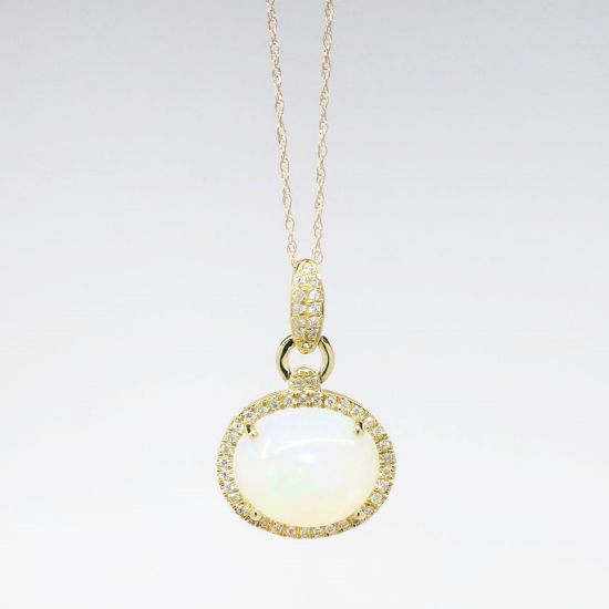 Picture of 14k Yellow Gold Necklace and Oval Opal Cabochon Pendant with Diamond Halo