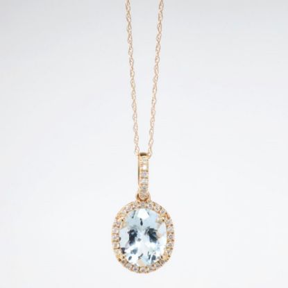 Picture of 14k Rose Gold Necklace and Oval Cut Aquamarine Pendant with Diamond Halo