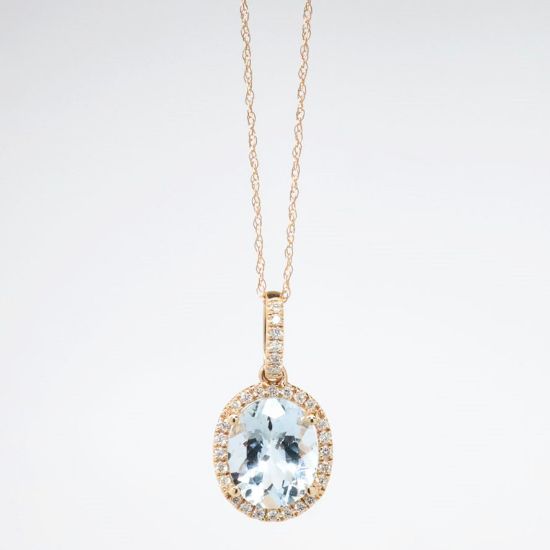 Picture of 14k Rose Gold Necklace and Oval Cut Aquamarine Pendant with Diamond Halo