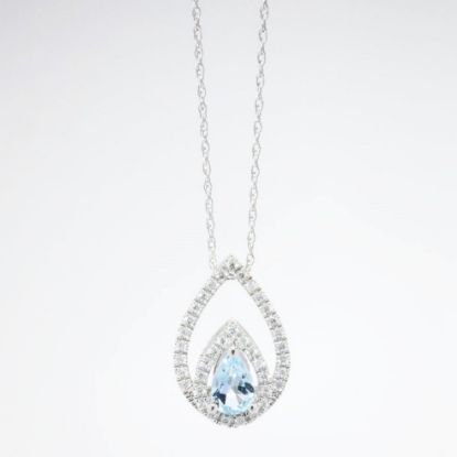 Picture of 14k White Gold Necklace and Pear Cut Aquamarine Pendant with Diamond Halo