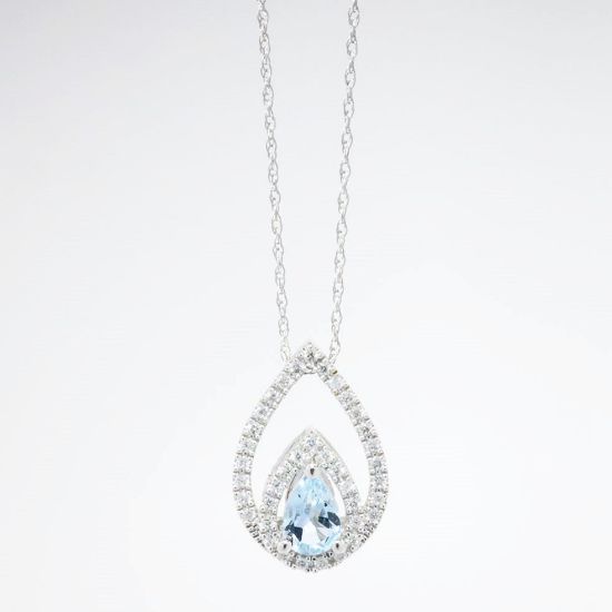 Picture of 14k White Gold Necklace and Pear Cut Aquamarine Pendant with Diamond Halo