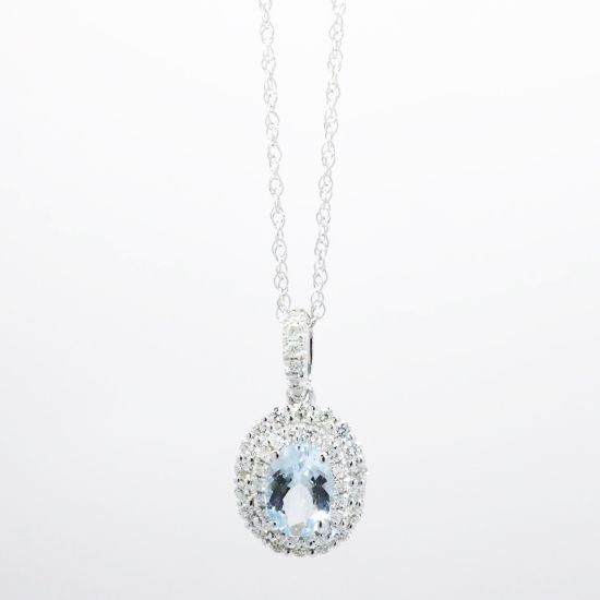 Picture of 14k White Gold Necklace and Oval Cut Aquamarine Pendant with Diamond Halo