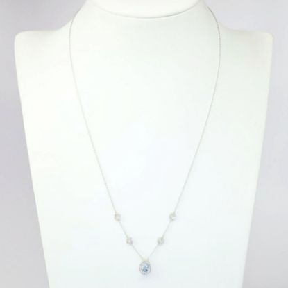 Picture of 14k White Gold Necklace and Pear Cut Aquamarine Pendant with Diamond Halo & Diamond Stations