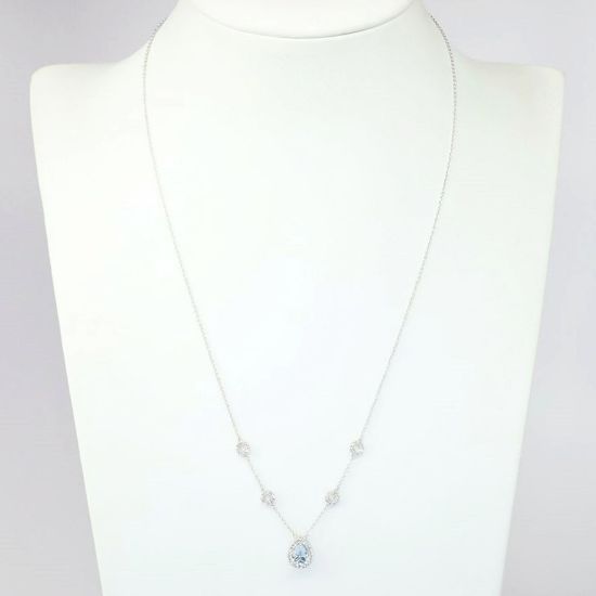 Picture of 14k White Gold Necklace and Pear Cut Aquamarine Pendant with Diamond Halo & Diamond Stations