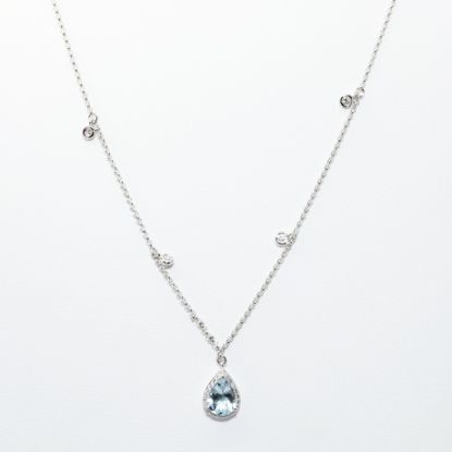 Picture of 14k White Gold Necklace and Pear Cut Aquamarine Pendant with Diamond Halo & Diamond Stations