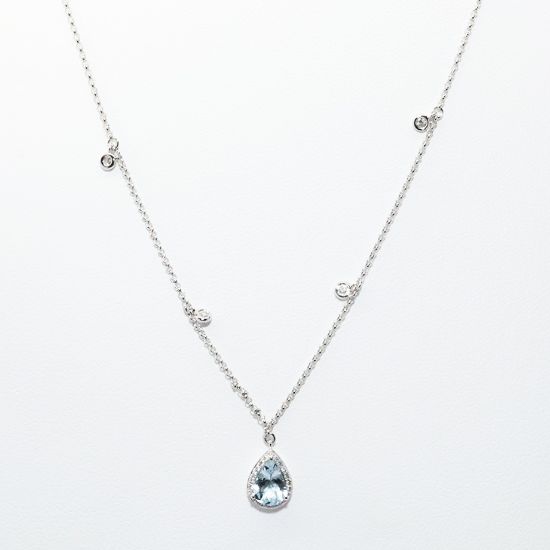 Picture of 14k White Gold Necklace and Pear Cut Aquamarine Pendant with Diamond Halo & Diamond Stations