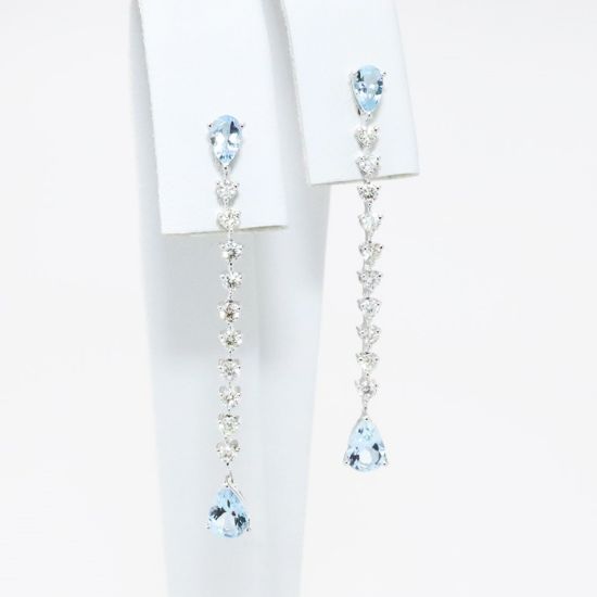 Picture of 14k White Gold, Pear Cut Aquamarine & Diamond Drop Earrings