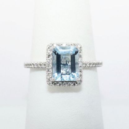 Picture of 14k White Gold & Emerald Cut Aquamarine Ring with Diamond Halo