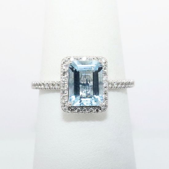 Picture of 14k White Gold & Emerald Cut Aquamarine Ring with Diamond Halo