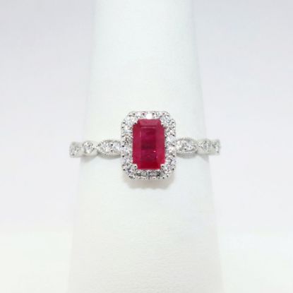 Picture of 14k White Gold & Emerald Cut Ruby Ring with Diamond Halo