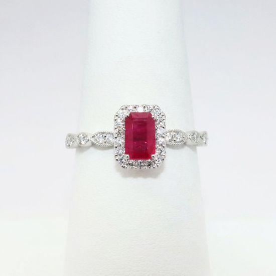 Picture of 14k White Gold & Emerald Cut Ruby Ring with Diamond Halo