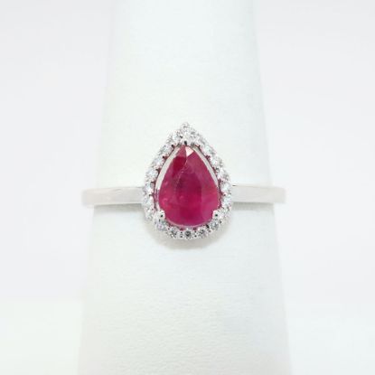 Picture of 14k White Gold & Pear Cut Ruby Ring with Diamond Halo