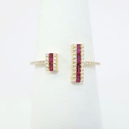 Picture of 14k Yellow Gold Split Shank Ring with Baguette Cut Ruby & Diamond Ends