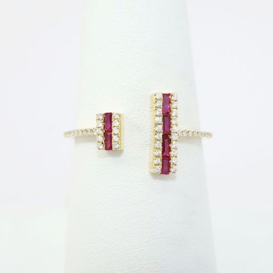 Picture of 14k Yellow Gold Split Shank Ring with Baguette Cut Ruby & Diamond Ends