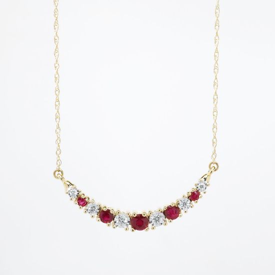 Picture of 14k Yellow Gold Necklace with Graduated, Alternating Ruby & Diamond Arc Pendant