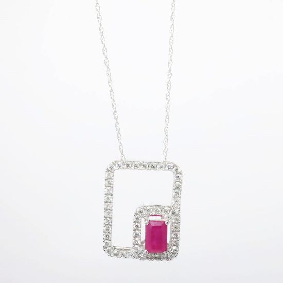 Picture of 14k White Gold Necklace with Emerald Cut Ruby Pendant with Double Diamond Halo