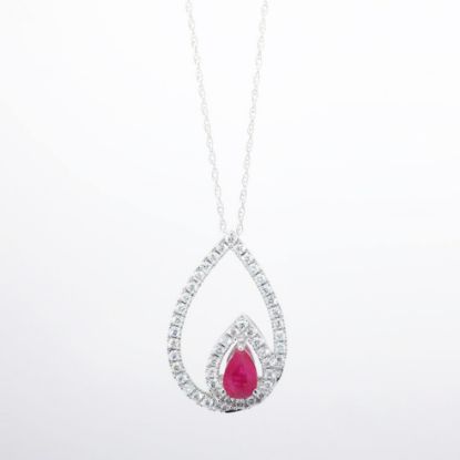 Picture of 14k White Gold Necklace with Pear Cut Ruby Pendant with Double Diamond Halo