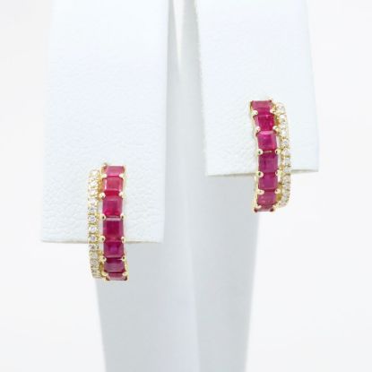 Picture of 14k Yellow Gold Emerald Cut Ruby Huggie Earrings with Diamond Accents