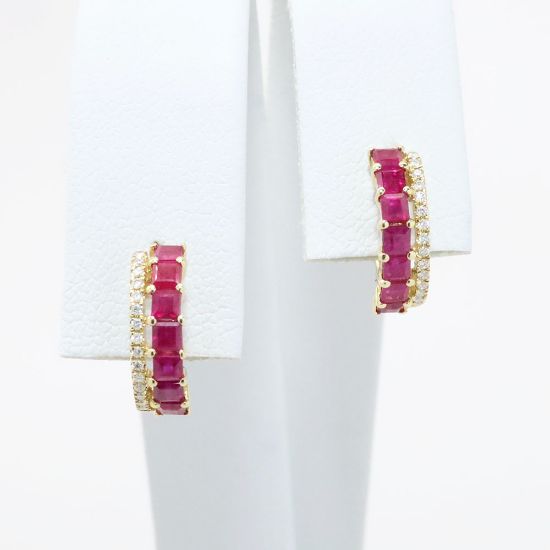 Picture of 14k Yellow Gold Emerald Cut Ruby Huggie Earrings with Diamond Accents