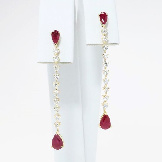 Picture of 14k Yellow Gold & Pearl Cut Ruby Drop Earrings with Diamond Accents