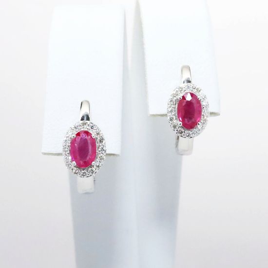 Picture of 14k White Gold & Oval Cut Ruby Huggie Earrings with Diamond Halos