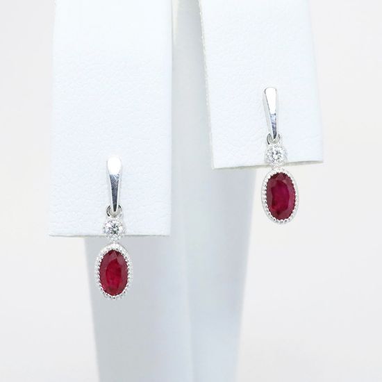 Picture of 14k White Gold & Oval Cut Ruby Drop Earrings with Diamond Accents