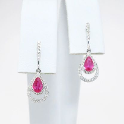 Picture of 14k White Gold & Pear Cut Ruby Teardrop Earrings with Diamond Halos