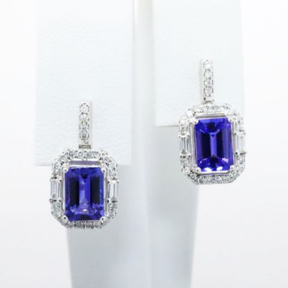 Picture of 14k White Gold & Emerald Cut Tanzanite Drop Earrings with Diamond Halos