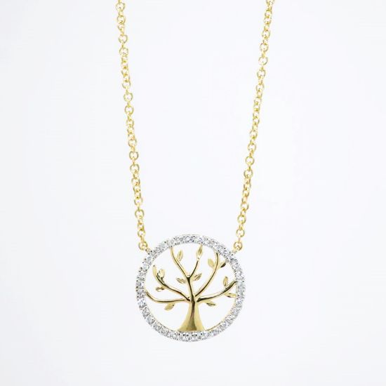 Picture of 14k Yellow Gold Necklace with Tree of Life Pendant with Diamond Halo