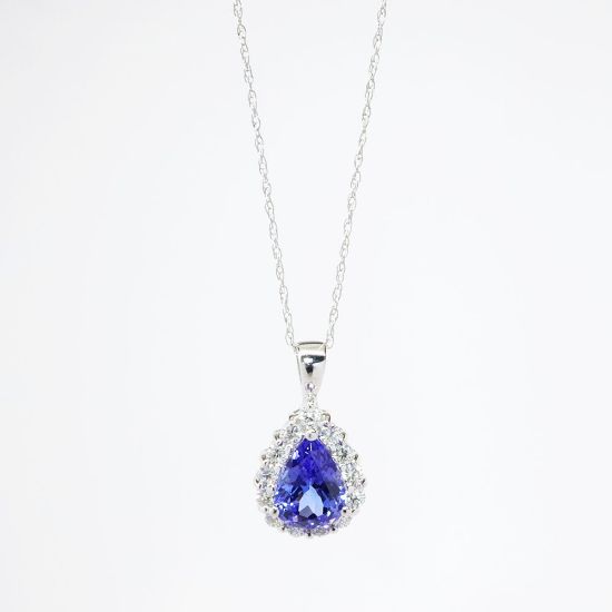 Picture of 14k White Gold Necklace with Pear Cut Tanzanite Teardrop Pendant with Diamond Halo