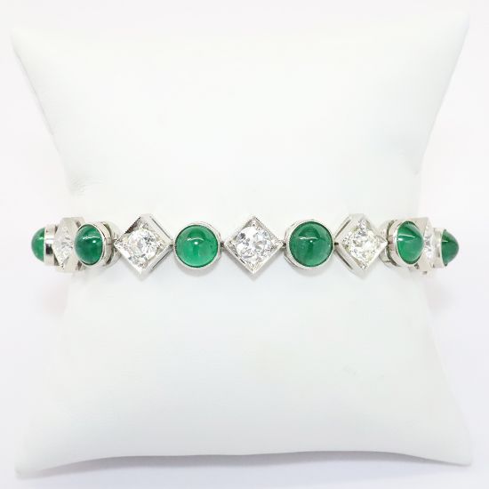 Picture of Art Deco Style Platinum, Old European & Mine Cut Diamond & Emerald Cabochon Bracelet