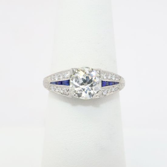 Picture of Art Deco Inspired Platinum, Old European Cut Diamond & Sapphire Ring