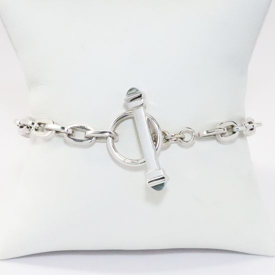 Picture of 18k White Gold Cable Link Bracelet with Blue Gem Accented Toggle Closure