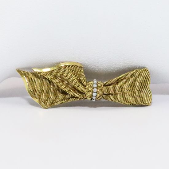 Picture of Vintage 18k Yellow Gold Mesh Bow Brooch with Seed Pearl Accents