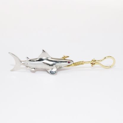 Picture of 18k Yellow Gold & Platinum Shark on Fish Hook Pendant with Ruby Eyes