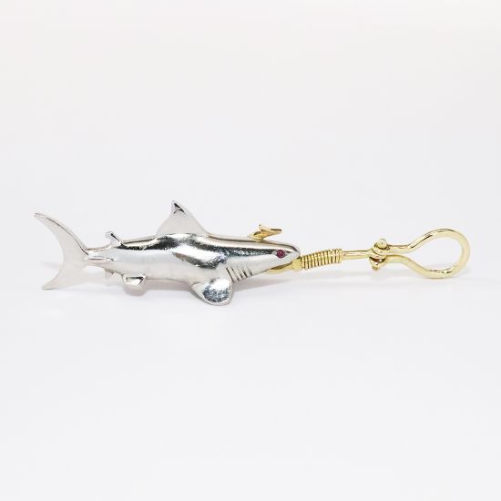 Picture of 18k Yellow Gold & Platinum Shark on Fish Hook Pendant with Ruby Eyes