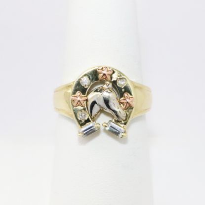 Picture of 10k Tri-Colored Gold Horseshoe & Horse Head Ring with Diamond Accents