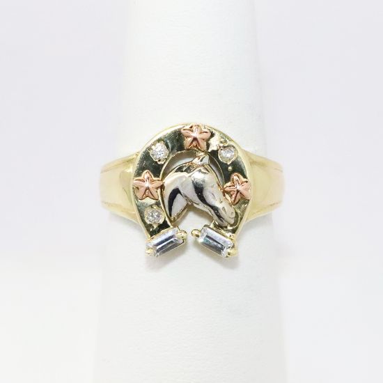 Picture of 10k Tri-Colored Gold Horseshoe & Horse Head Ring with Diamond Accents