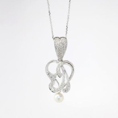 Picture of 14k White Gold Necklace with Diamond and Pearl Scrolled Pendant