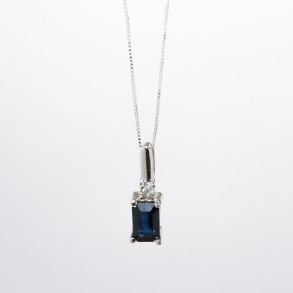 Picture of 10k White Gold Necklace with Emerald Cut Blue Sapphire & Diamond Pendant