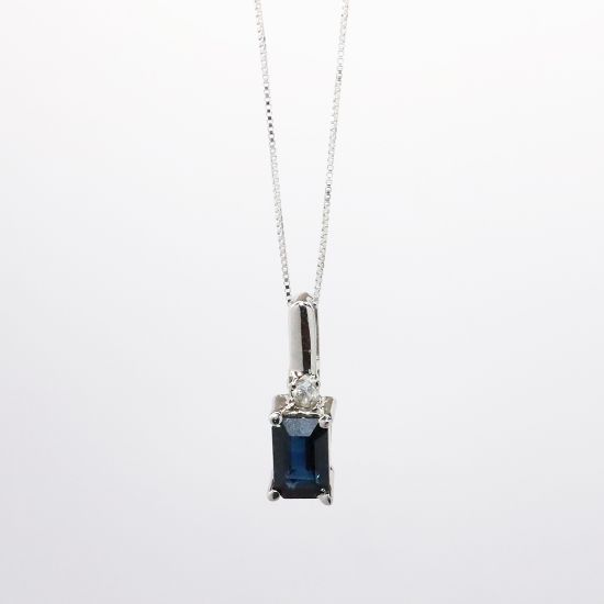 Picture of 10k White Gold Necklace with Emerald Cut Blue Sapphire & Diamond Pendant